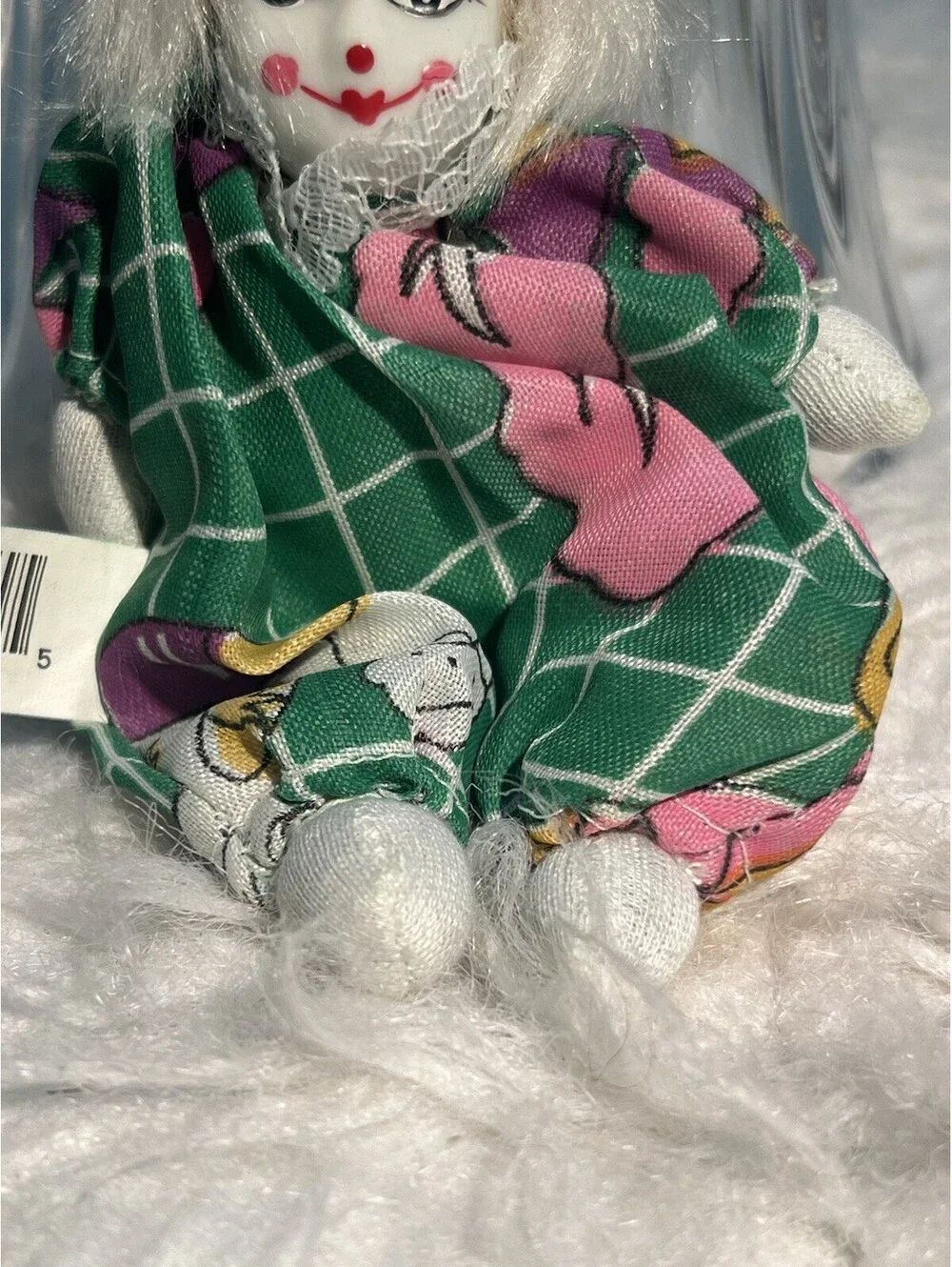 Vintage Porcelain Clown Dolls Sand Bag: Green Outfit & White Hair